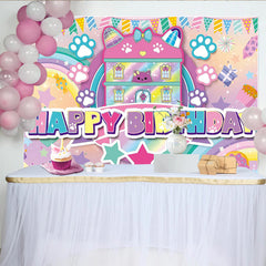Lofaris Pastel Cat Dollhouse Birthday Backdrop with Paw Prints and Rainbow, Sweet Happy Birthday Party Background for Girls Photoshoot.