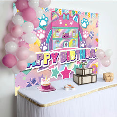 Lofaris Pastel Cat Dollhouse Birthday Backdrop with Paw Prints and Rainbow, Sweet Happy Birthday Party Background for Girls Photoshoot.