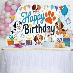 Lofaris Cute Cartoon Dog Happy Birthday Backdrop with Balloons and Cake, Adorable Puppy Party Decor for Kids Photoshoot Celebration