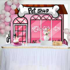 Lofaris Pink Pet Shop Cartoon Birthday Backdrop with Dog and Cat, Adorable Animal Theme Party Decor for Children's Photoshoot