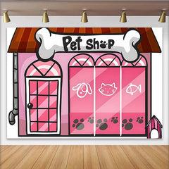 Lofaris Pink Pet Shop Cartoon Birthday Backdrop with Dog and Cat, Adorable Animal Theme Party Decor for Children's Photoshoot