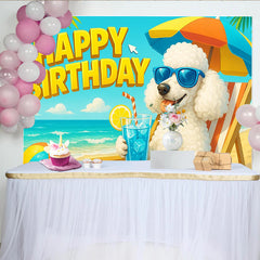 Lofaris Happy Birthday Cartoon Poodle Backdrop with Blue Sunglasses and Beach Scene, Vibrant Summer Party Background for Kids Photoshoot