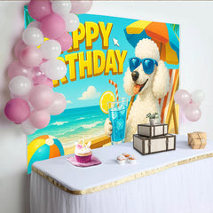 Lofaris Happy Birthday Cartoon Poodle Backdrop with Blue Sunglasses and Beach Scene, Vibrant Summer Party Background for Kids Photoshoot