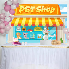 Lofaris Cartoon Pet Shop Photography Backdrop with Cute Animals and Bright Awning, Fun Studio Background for Kids Party Photoshoot
