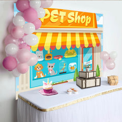 Lofaris Cartoon Pet Shop Photography Backdrop with Cute Animals and Bright Awning, Fun Studio Background for Kids Party Photoshoot