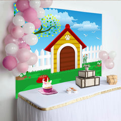 Lofaris Vibrant Cartoon Dog House Photography Backdrop, Green Grass and Blue Sky Background for Pet Photoshoot