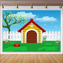Lofaris Vibrant Cartoon Dog House Photography Backdrop, Green Grass and Blue Sky Background for Pet Photoshoot