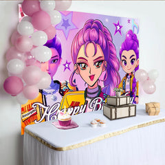 Lofaris Vibrant Purple Pink Cartoon Birthday Backdrop with Stars and Disco Ball, Fun Party Background for Girls Photoshoot