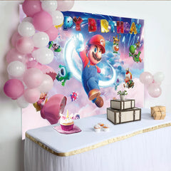 Lofaris Vibrant Cartoon Birthday Backdrop with Plumber Brothers and Princess, Fun Video Game Theme Background for Kids Party Decoration.