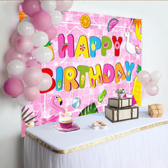 Lofaris Pink Pool Party Birthday Backdrop with Colorful Letters and Floats, Vibrant Tropical Photo Background for Kids Party Decor