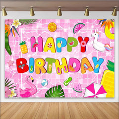 Lofaris Pink Pool Party Birthday Backdrop with Colorful Letters and Floats, Vibrant Tropical Photo Background for Kids Party Decor