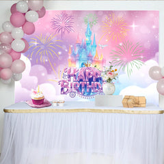 Lofaris Pastel Princess Castle Birthday Backdrop with Fireworks and Sparkles, Magical Party Decor for Girls Photoshoot