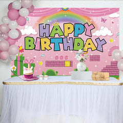 Lofaris Pink Cartoon Birthday Backdrop with Rainbow and Game Elements, Colorful Party Background for Kids Celebration