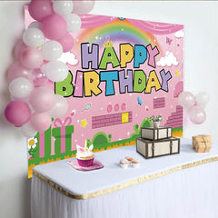 Lofaris Pink Cartoon Birthday Backdrop with Rainbow and Game Elements, Colorful Party Background for Kids Celebration