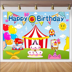 Lofaris Vibrant Cartoon Birthday Backdrop with Circus Tent and Airplanes, Colorful Party Decor for Kids Photoshoot