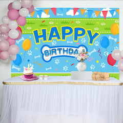 Lofaris Blue Dog Birthday Backdrop with Paw Prints and Bones, Colorful Balloons Party Banner Decoration for Pet Celebration