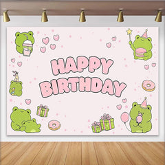 Lofaris Cute Pink Frog Cartoon Birthday Backdrop with Hearts, Stars, Donuts, and Gift Boxes, Party Decor for Girls Photoshoot