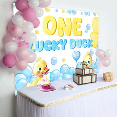 Lofaris Cute Yellow Duck 1st Birthday Backdrop with Blue Balloons, Adorable Lucky Duck Theme Background for Baby Boy Photoshoot
