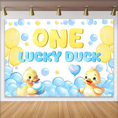 Lofaris Cute Yellow Duck 1st Birthday Backdrop with Blue Balloons, Adorable Lucky Duck Theme Background for Baby Boy Photoshoot