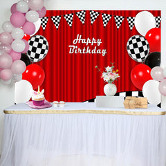 Lofaris Red Racing Happy Birthday Backdrop with Checkered Flags and Balloons, Party Photography Background Decor