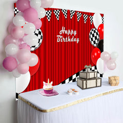 Lofaris Red Racing Happy Birthday Backdrop with Checkered Flags and Balloons, Party Photography Background Decor