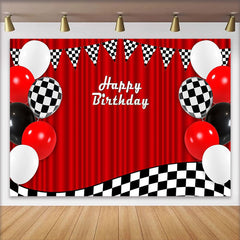 Lofaris Red Racing Happy Birthday Backdrop with Checkered Flags and Balloons, Party Photography Background Decor