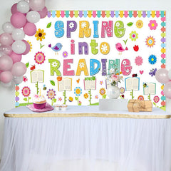 Lofaris Colorful Spring Reading Photography Backdrop with Flowers Birds, Whimsical Educational Background for Classroom Decor