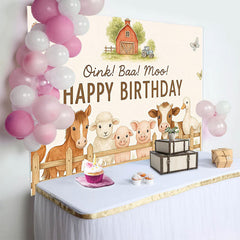 Lofaris Cute Farm Animal Birthday Backdrop with Oink Baa Moo, Rustic Barnyard Photo Background for Kids Party Decoration