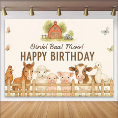 Lofaris Cute Farm Animal Birthday Backdrop with Oink Baa Moo, Rustic Barnyard Photo Background for Kids Party Decoration