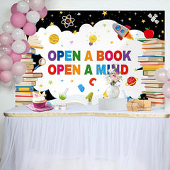 Lofaris Vibrant Open a Book Open a Mind Back to School Backdrop with Colorful Books and Space Elements, Educational Party Decor for Kids
