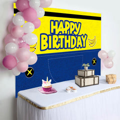 Lofaris Vibrant Yellow and Blue Banana Cartoon Birthday Backdrop for Kids Party, Fun Denim Style Background and Photo Booth Props