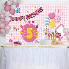 Lofaris Pink Cartoon 5th Birthday Backdrop with Bows and Balloons, Festive Party Background for Girls Photoshoot and Decoration