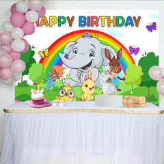 Lofaris Colorful Cartoon Animal Birthday Backdrop with Rainbow and Elephant, Vibrant Party Background for Kids Photoshoot and Celebration
