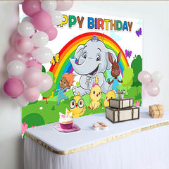 Lofaris Colorful Cartoon Animal Birthday Backdrop with Rainbow and Elephant, Vibrant Party Background for Kids Photoshoot and Celebration