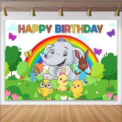 Lofaris Colorful Cartoon Animal Birthday Backdrop with Rainbow and Elephant, Vibrant Party Background for Kids Photoshoot and Celebration