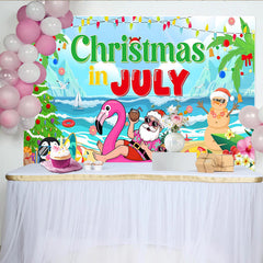 Lofaris Christmas In July Beach Party Backdrop with Santa and Snowman, Summer Holiday Decoration for Photoshoot