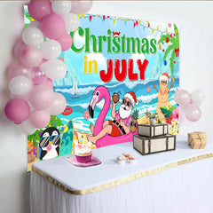 Lofaris Christmas In July Beach Party Backdrop with Santa and Snowman, Summer Holiday Decoration for Photoshoot
