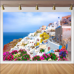 Lofaris White Mediterranean Village Photography Backdrop, Blue Sea and Vibrant Flowers Scenic Background for Travel Photoshoot