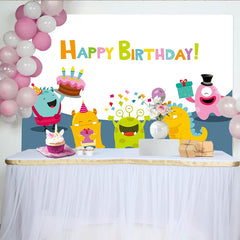 Lofaris Colorful Cartoon Monster Birthday Backdrop with Cake, Balloons and Gifts, Fun Party Background for Kids Photoshoot Decor