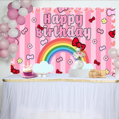 Lofaris Cute Pink Bow Rainbow Happy Birthday Backdrop for Girls Party, Striped Hearts Background for Photo Booth Decoration
