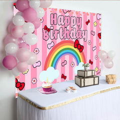 Lofaris Cute Pink Bow Rainbow Happy Birthday Backdrop for Girls Party, Striped Hearts Background for Photo Booth Decoration