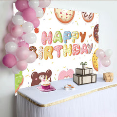 Lofaris Colorful Donut Happy Birthday Backdrop with Sweet Sprinkles, Cute Dessert Table Background for Kids Party Photoshoot