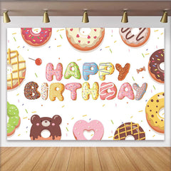 Lofaris Colorful Donut Happy Birthday Backdrop with Sweet Sprinkles, Cute Dessert Table Background for Kids Party Photoshoot