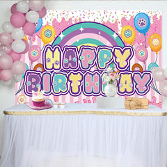 Lofaris Paw Print Happy Birthday Backdrop with Rainbow and Balloons, Sweet Animal Party Decor for Kids Photoshoot.