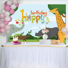 Lofaris Happy Birthday Cartoon Safari Backdrop with Giraffe and Elephant, Jungle Animal Theme Background for Kids Party Photoshoot