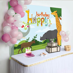 Lofaris Happy Birthday Cartoon Safari Backdrop with Giraffe and Elephant, Jungle Animal Theme Background for Kids Party Photoshoot
