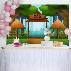 Lofaris Cartoon Zoo Birthday Backdrop with Jungle Forest Entrance and Wooden Gate, Wild Animal Theme Background for Kids Party Photoshoot