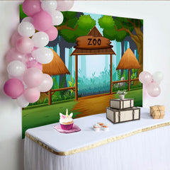 Lofaris Cartoon Zoo Birthday Backdrop with Jungle Forest Entrance and Wooden Gate, Wild Animal Theme Background for Kids Party Photoshoot
