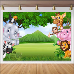 Lofaris Vibrant Cartoon Safari Photography Backdrop with Jungle Animals, Green Landscape Background for Kids Party Photoshoot