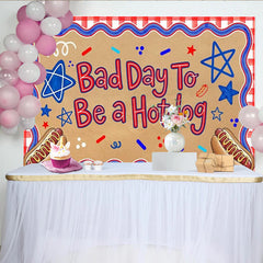 Lofaris Patriotic Independence Day Backdrop with Hotdog Slogan, Red White and Blue Stars Photo Booth Prop for Summer Party